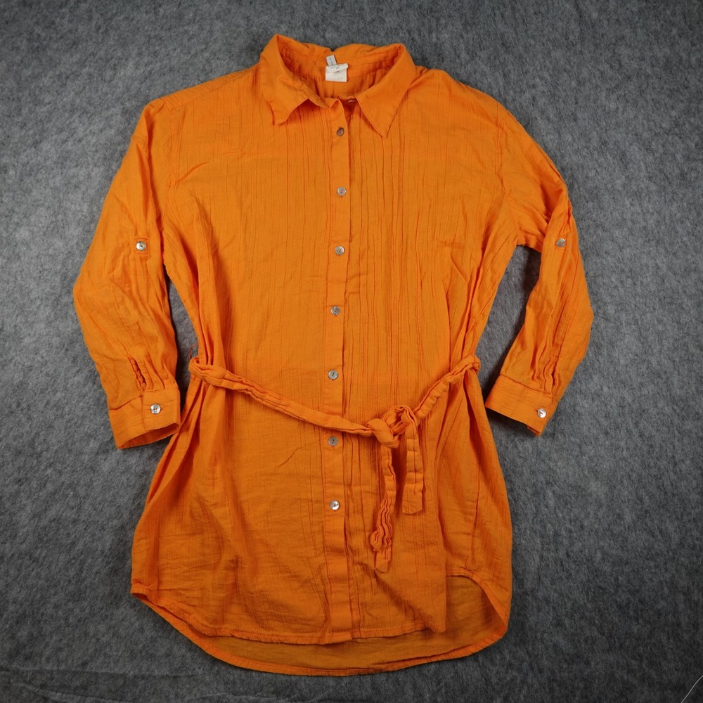 BECCA Shirt Dress Swim Cover Women Medium Orange Cotton Gauze Button Down Belt